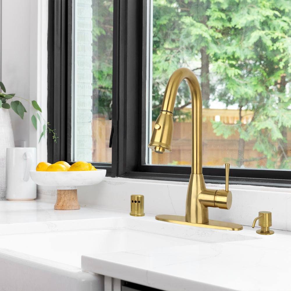 Akicon One-Handle Brushed Gold Pull Down Kitchen Faucet with Deck Plate Soap Dispenser and Air Gap Cap AK96455BTG-S2DA