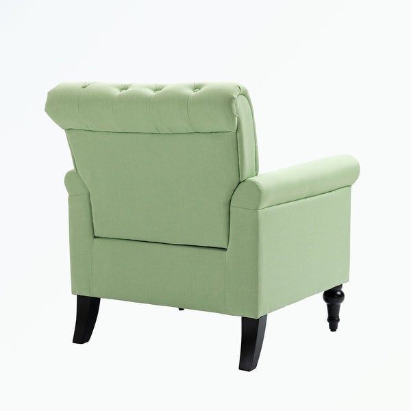 Linen Armchair with Tufted Back and Wood Legs