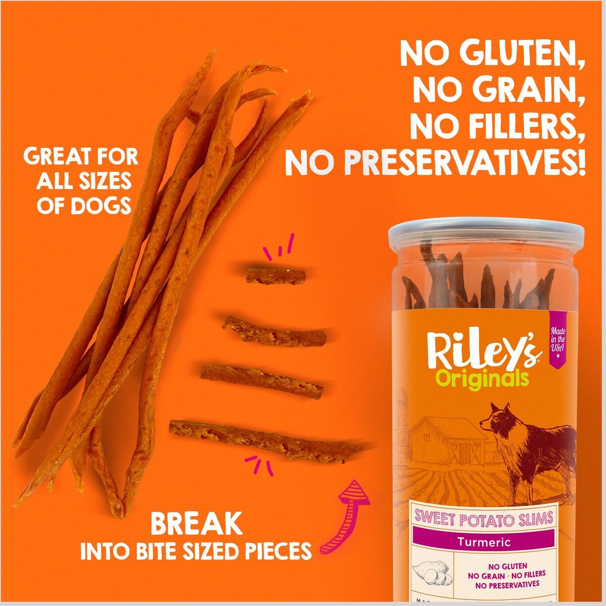 Riley's Originals Slims Dried Sweet Potato with Turmeric Dog Treats， 7.5-oz bag