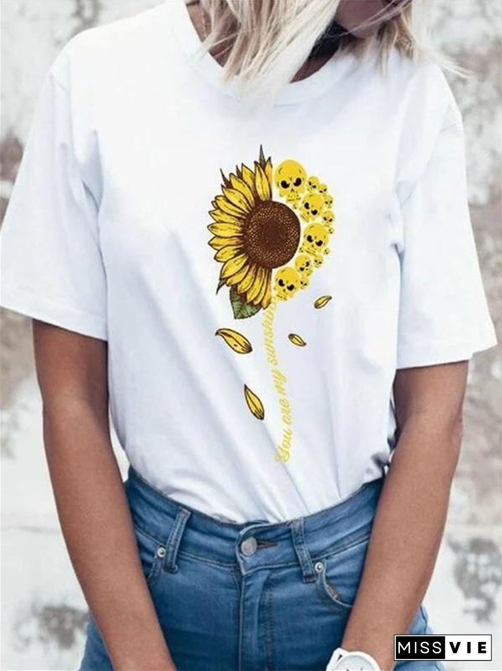 Summer Women Sunflower&Skull Pattern T-Shirt