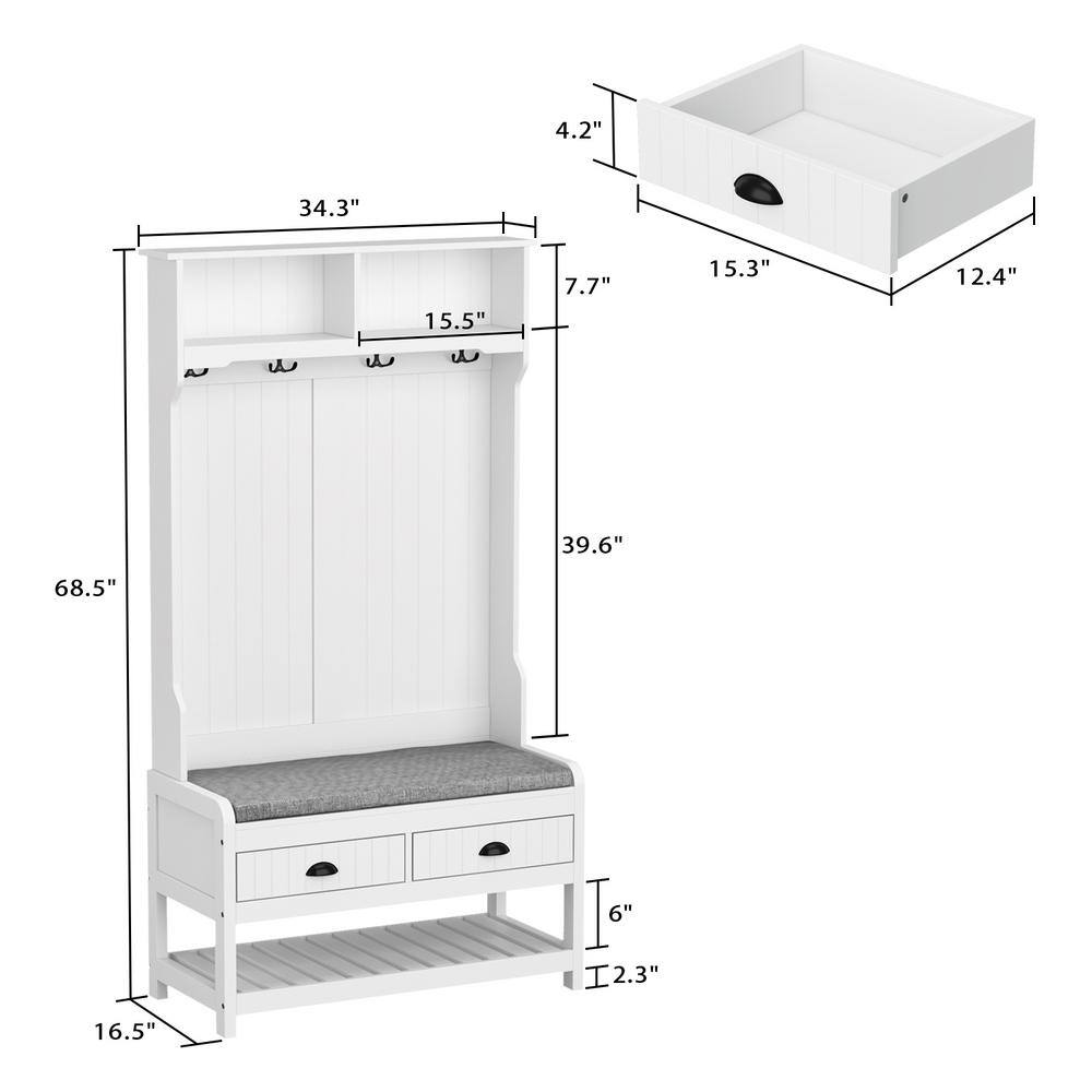 FUFUGAGA 68.5 in. White Wood 3-in-1 Coat Rack with 4-Metal Hooks and 2-Drawers Storage Bench KF020217-01-KPL