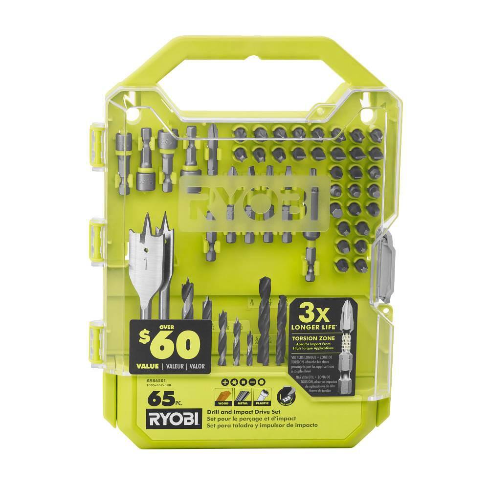 RYOBI ONE+ 18V Cordless 38 in. DrillDriver Kit with 1.5 Ah Battery Charger and Drill and Drive Kit (65-Piece) PDD209K-A986501