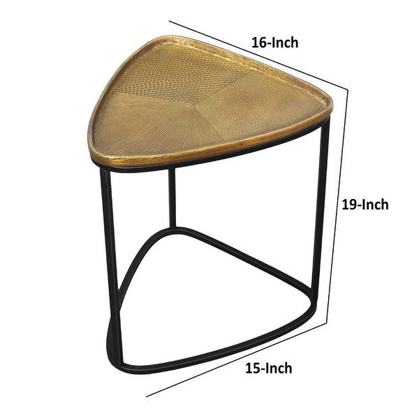 19 Inch Aluminum Side End Table， Iron Frame， Guitar Pick Shaped Top， Antique Brass， Black - 18.6 H x 14.7 W x 15.6 L I