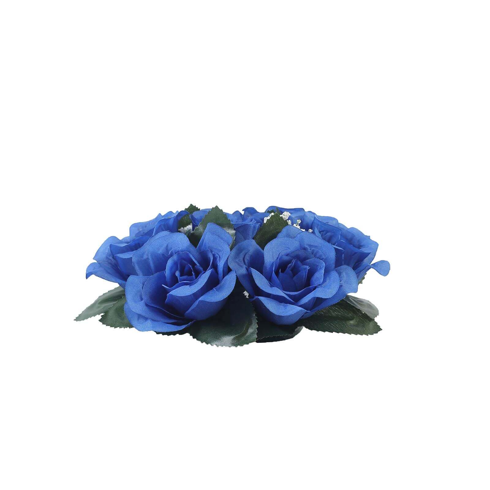 4 Pack Royal Blue Artificial Silk Rose Flower Candle Ring Wreaths 3