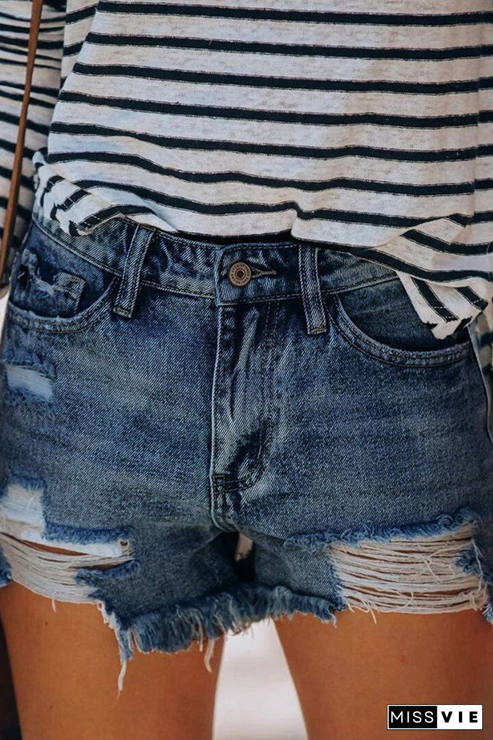 Hole Fringed Denim Casual Shorts