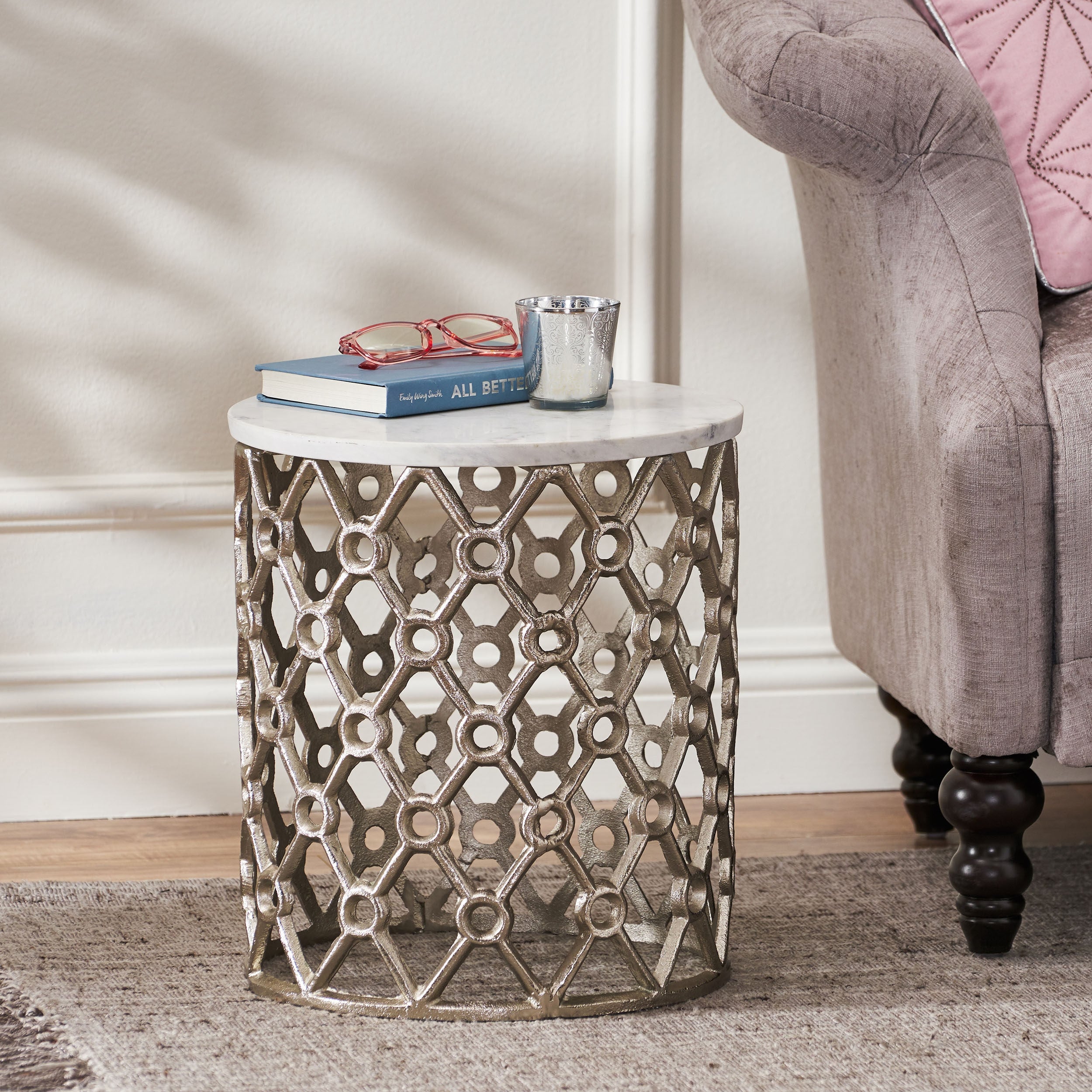 Lenhart Modern Glam Handcrafted Marble Top Aluminum Side Table by Christopher Knight Home - 14.00