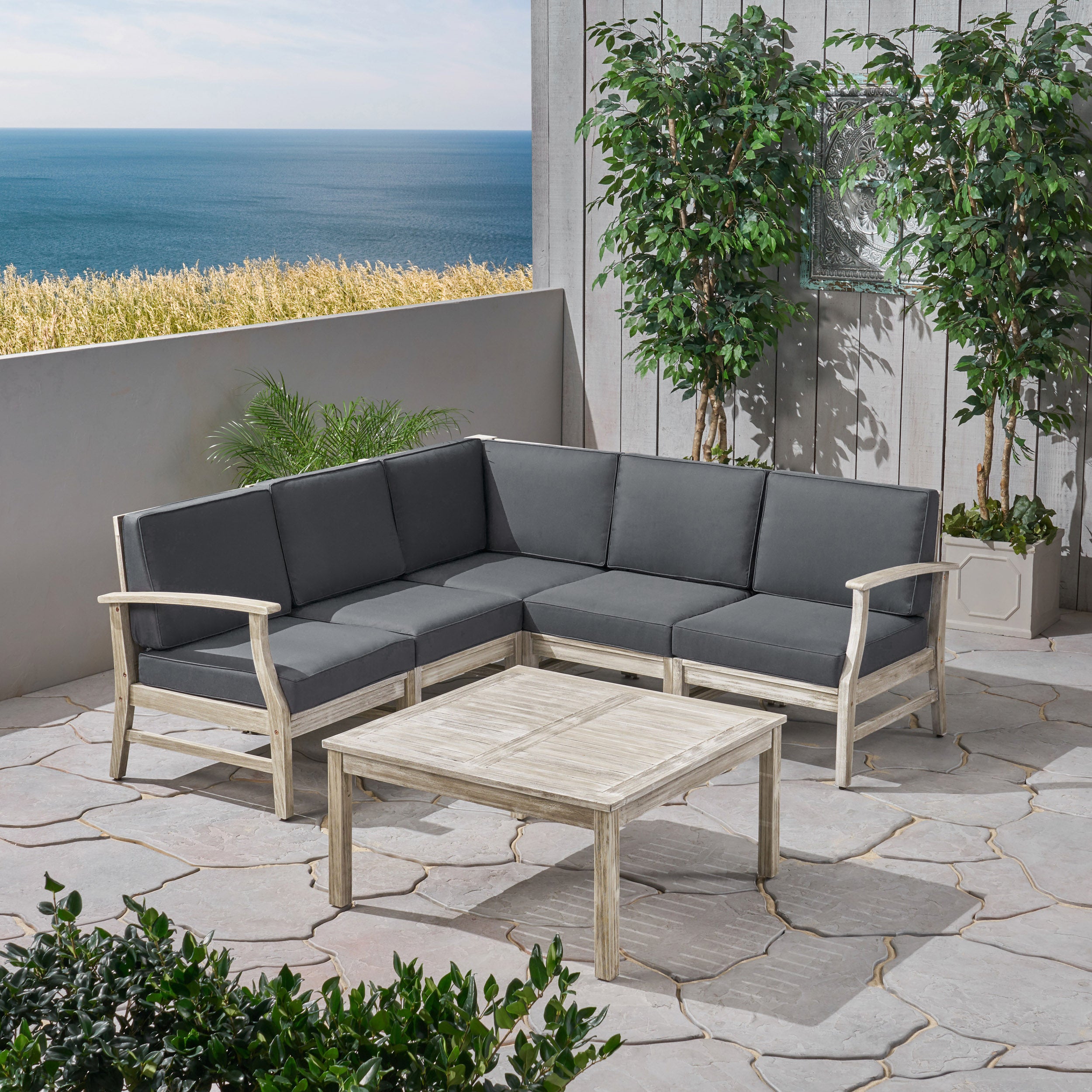 Martina Outdoor 6 Piece Acacia Wood Sectional Sofa and Coffee Table Set