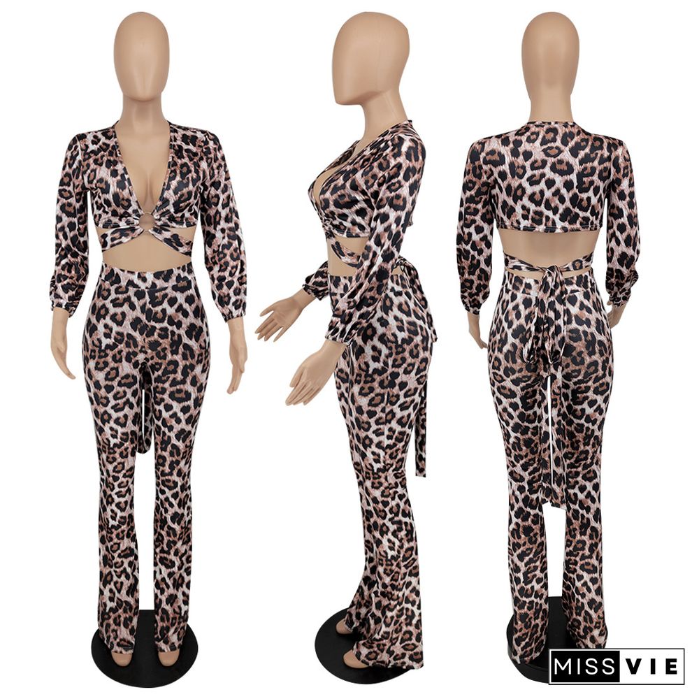 Sexy Leopard Print Long Sleeve V Neck Bandage Crop Top Long Pant Women Streetwear Two Piece Set