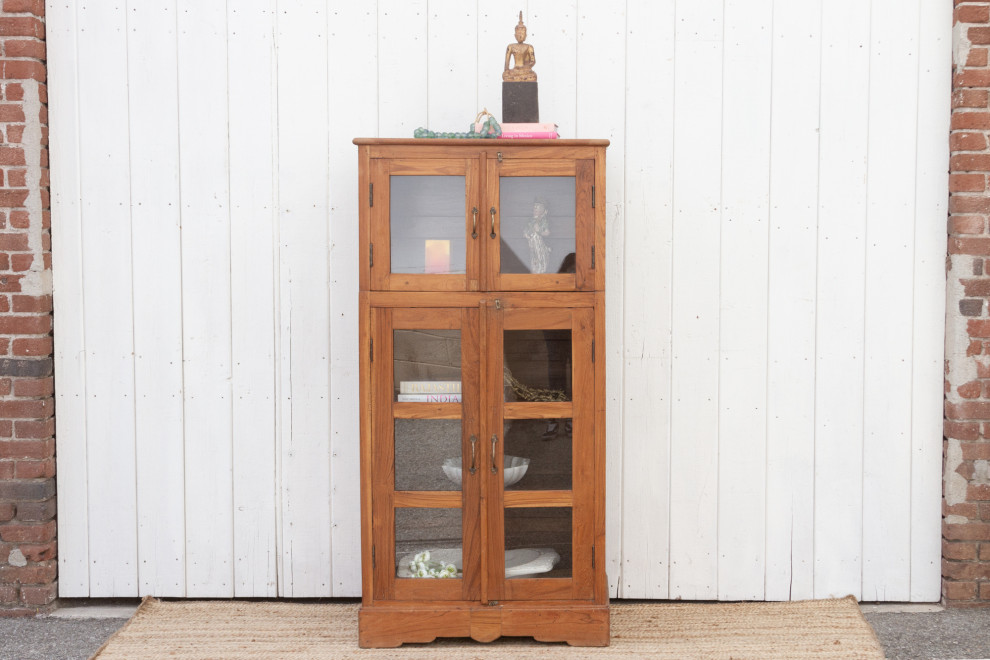 Tall Golden Teak Glass Cabinet   Farmhouse   Accent Chests And Cabinets   by De cor  Houzz