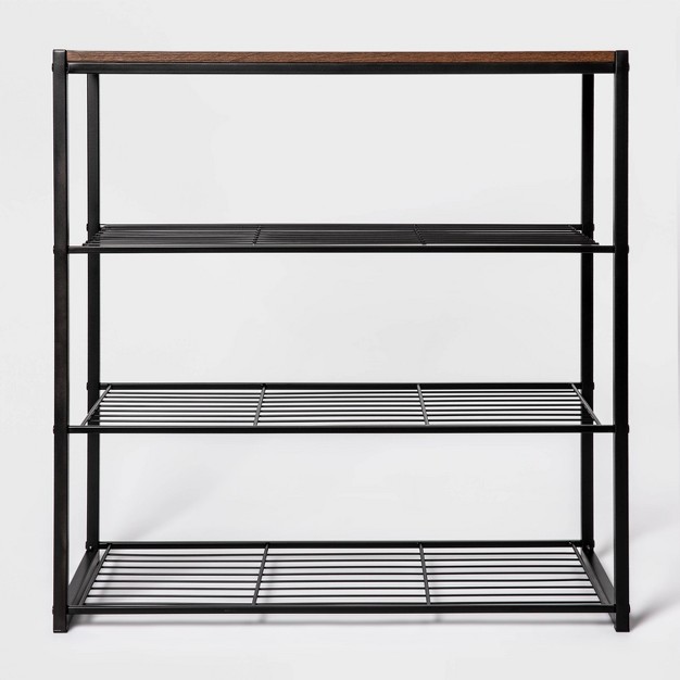 4 Tier Shoe Rack Black Metal With Walnut Wood