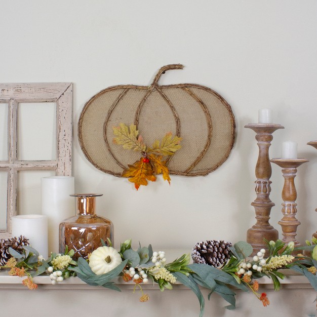 Beige Burlap And Vine Pumpkin Fall Harvest Wall Hanging