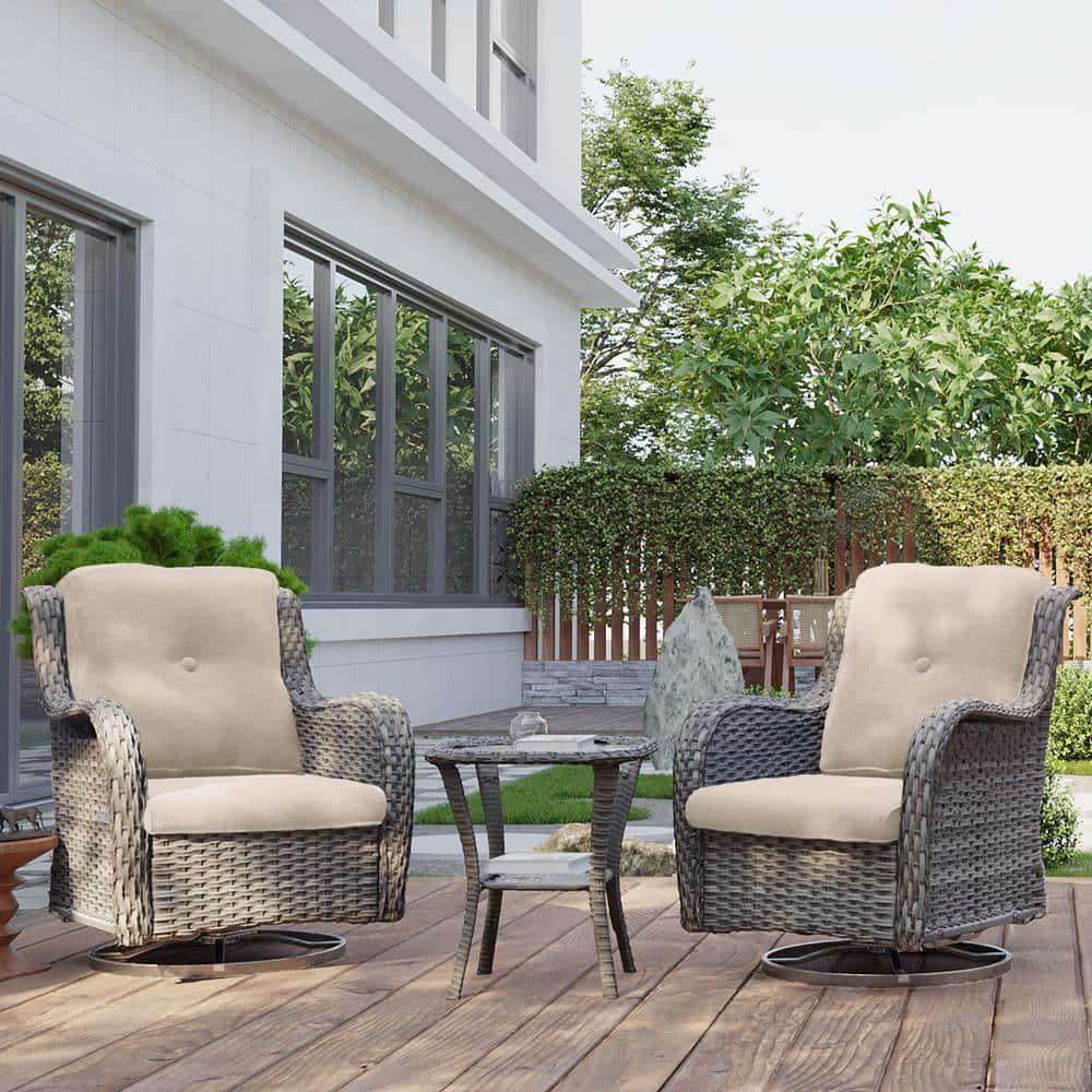 JOYSIDE 3Piece Wicker Patio Swivel Outdoor Rocking Chair Set with Beige Cushions and Table