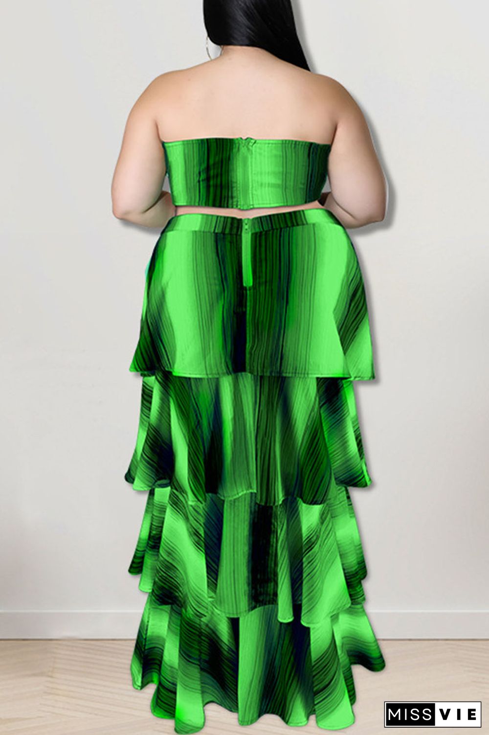 Green Sexy Striped Print Hollowed Out Patchwork Strapless Cake Skirt Plus Size Dresses