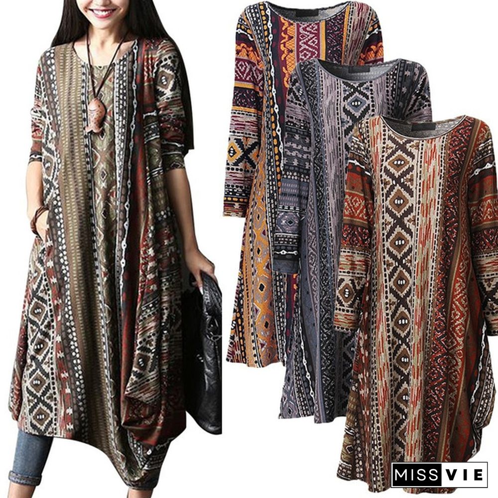 S-5XL Women Boho Floral Casual Baggy Long Sleeve Top Shirt Dress Kaftan