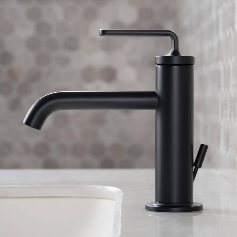 KRAUS Ramus Single Hole Single-Handle Bathroom Faucet with Matching Lift Rod Drain in Matte Black KBF-1221MB