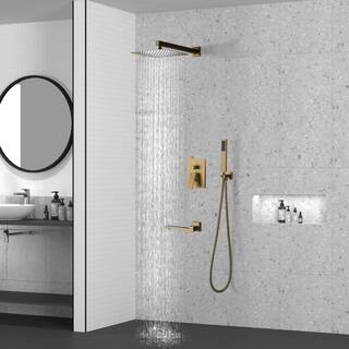 CASAINC 1-Spray Patterns 3-Function 10 in. Wall Mounted Dual Shower Heads with Handheld and Tub Faucet in Brushed Gold M6201-A-10-BG