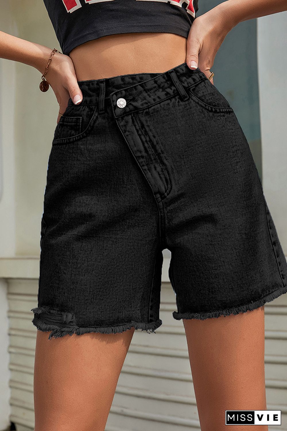 Plain Crossover Waist Mid Length Denim Shorts