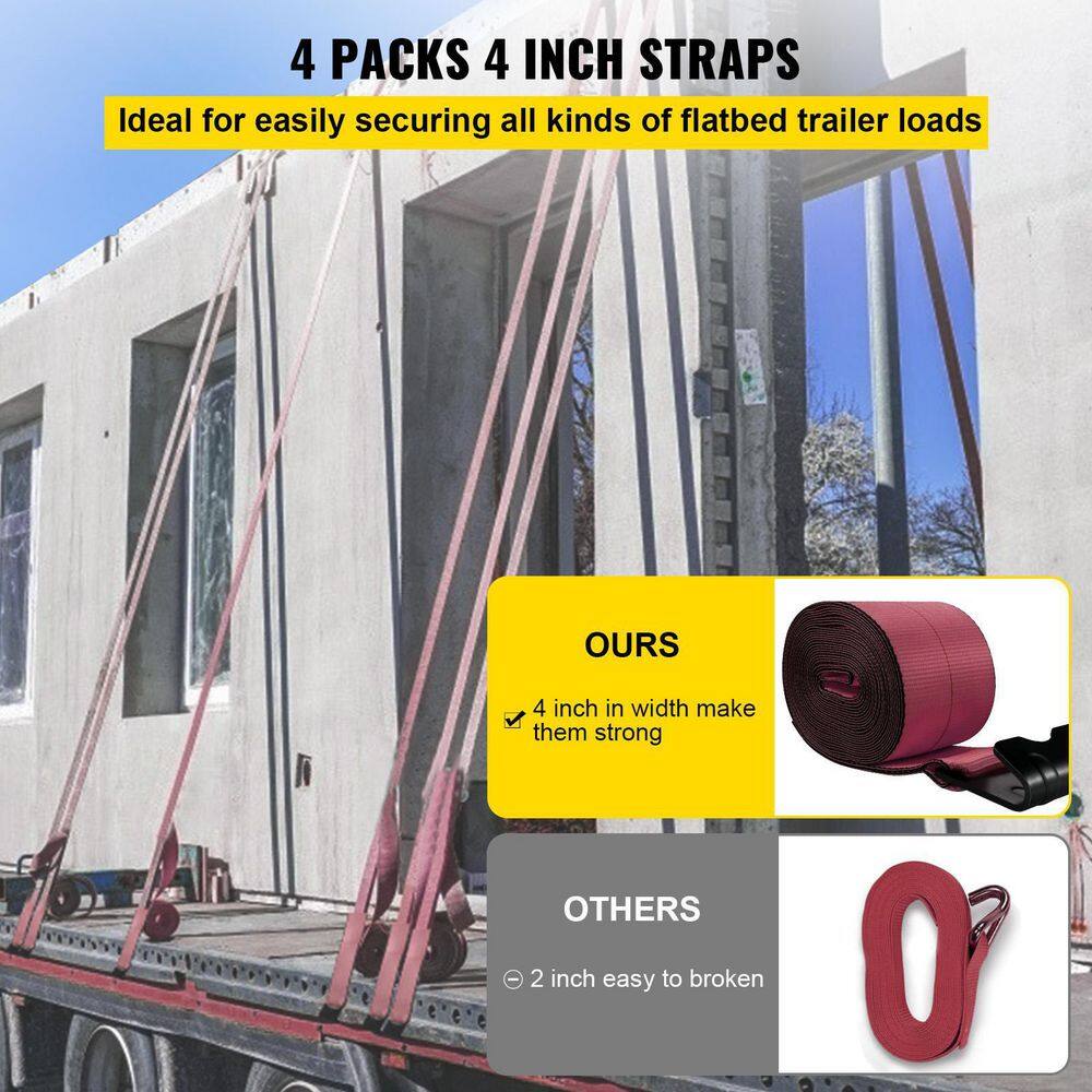 VEVOR Winch Straps 15400 lbs. Load Capacity Heavy Duty Flatbed Straps 4 in. x 30 ft. with a Flat Hook (Red 10-Pack) HSJDPGB4X3010L6TDV0