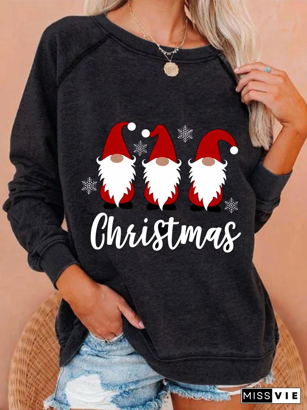 Christmas Xmas Long Sleeve Round Neck Plus Size Printed Tops Sweatshirts