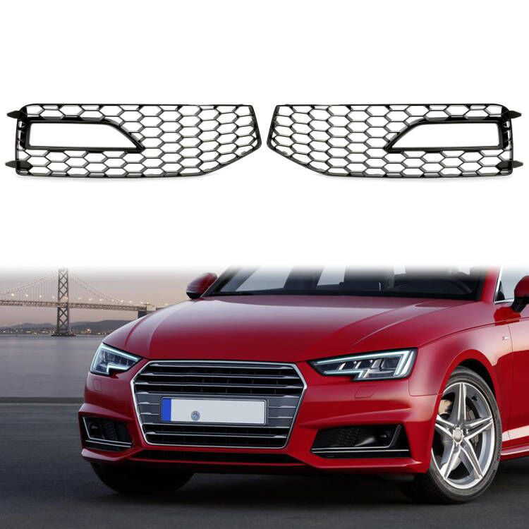 Kojem Front Bumper Fog Light Vent Grille Lower Cover Bezel RS4 Style for 2013 2014 2015 2016 Audi A4 B8.5- Gloss Black Honeycomb