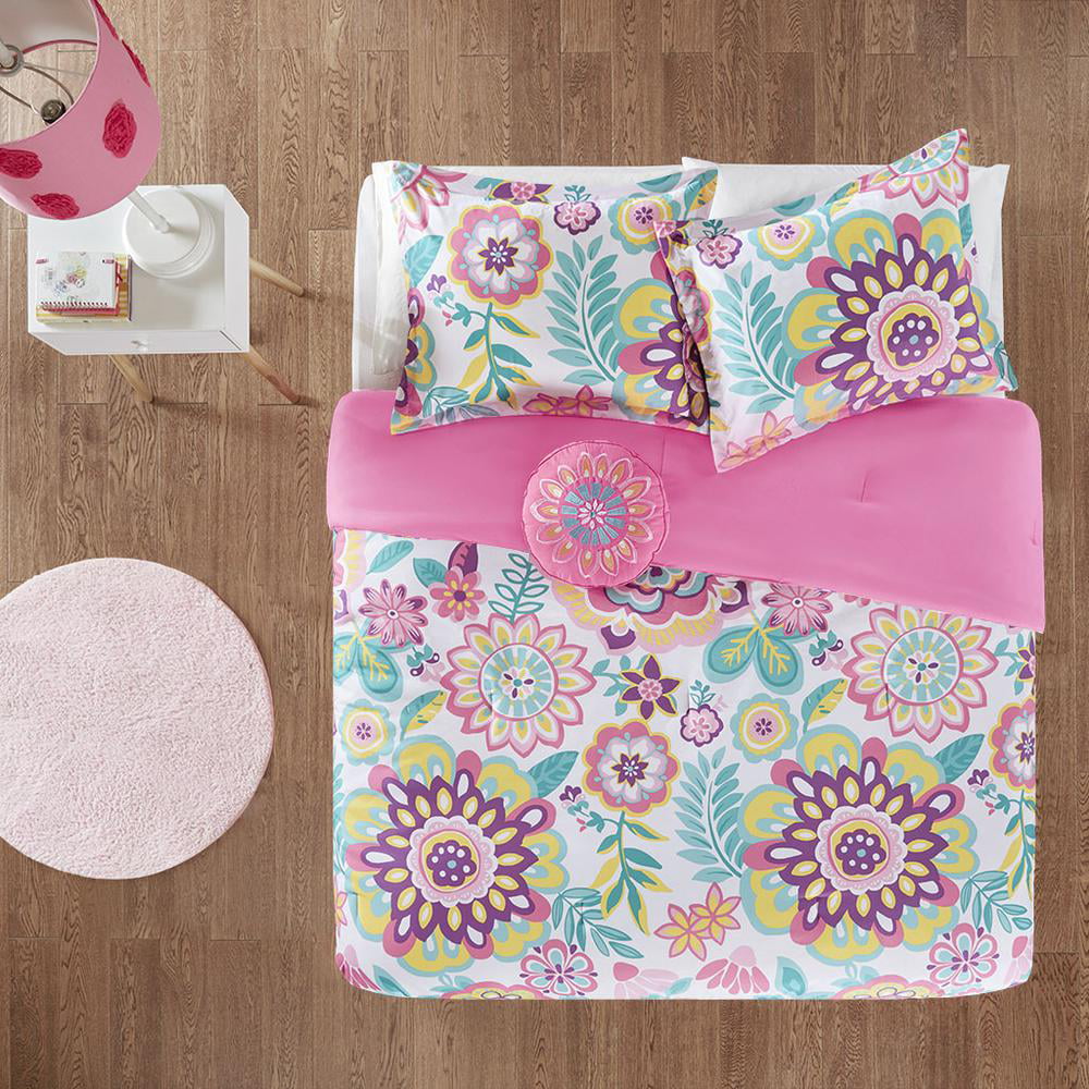 Home Essence Teen Cora Pink Floral 3 Piece Comforter Set， Twin/Twin-XL