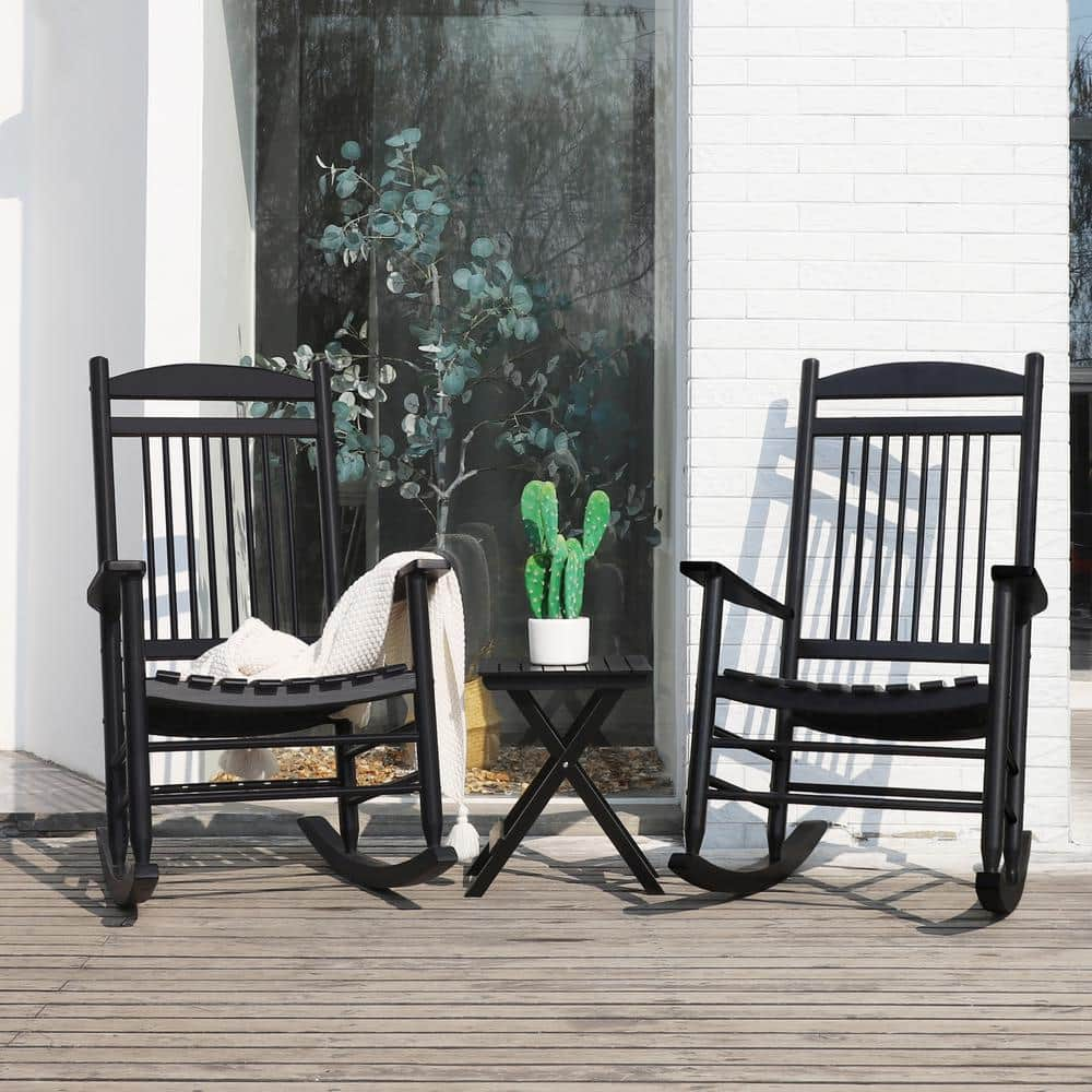 VEIKOUS Black 3-Pieces Wooden Patio Outdoor Rocking Chair Set rockerset-black