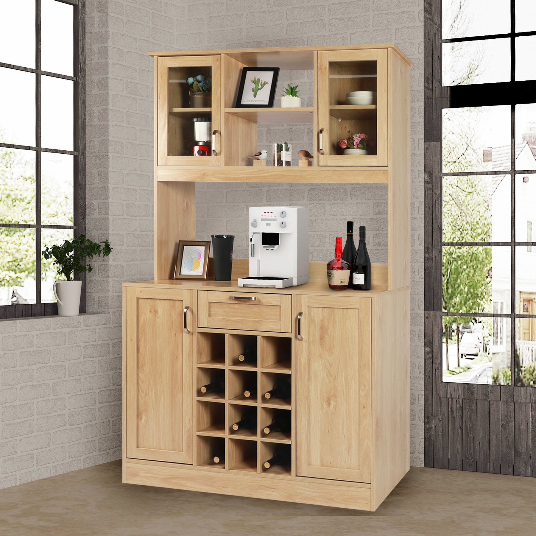 LAZZO Kitchen Buffet Storage Cabinet with Hutch Freestanding Kitchen Buffet Hutch Cupboard Wood Farmhouse Pantry Cabinet for Kitchen Storage Brown