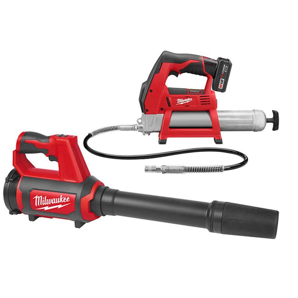 MW M12 12V Lithium-Ion Cordless Grease Gun Kit with One 3.0 Ah Battery Charger Tool Bag and Compact Spot Blower 2446-21XC-0852-20