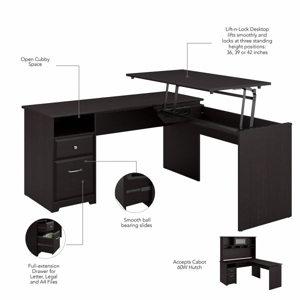 Bush Furniture Cabot 60W 3 Position L Shaped Sit to Stand Desk with Hutch in Espresso Oak