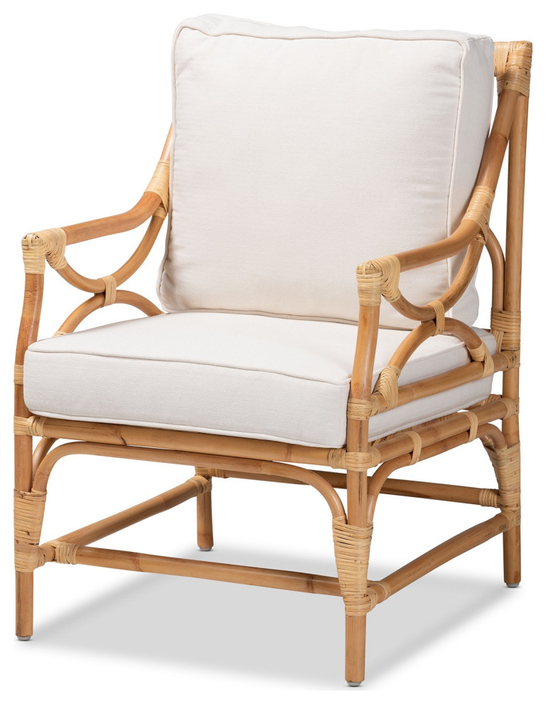 Modern Bohemian Accent Chair  Natural Rattan Frame With White Cushioned Seat   Tropical   Armchairs And Accent Chairs   by Declusia  Houzz