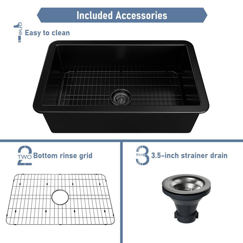 CASAINC All-in-one Matte Black Fireclay 32 in. Single Bowl Undermount Kitchen Sink with Pull Down Faucet and Accessories KCSL0018-UB32MB