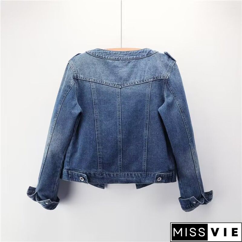 New Women Casual Denim Jacket Pearl Lace Splice Jean Coat Spring Summer Autumn Women Fashion Splice Coat Lace Jacket