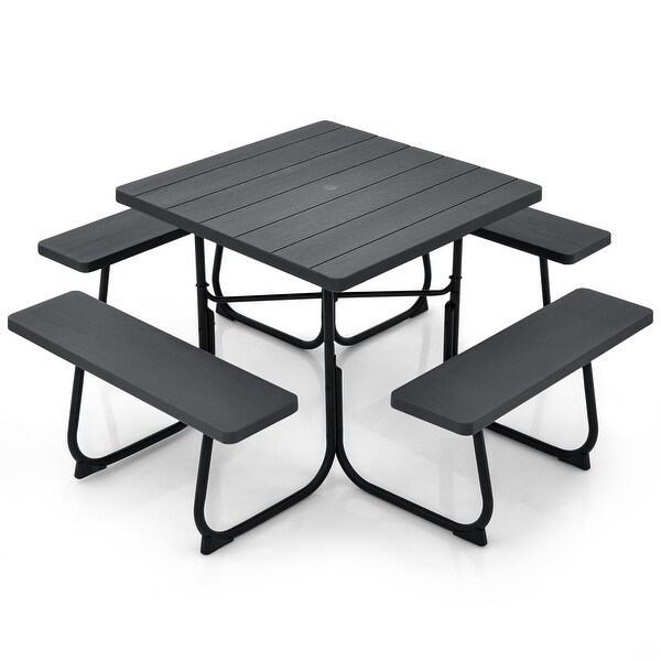 Outdoor Picnic Table with 4 Benches and Umbrella Hole