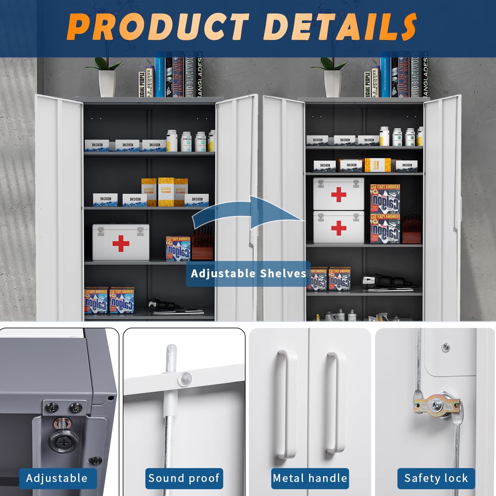 Fesbos Metal Garage Storage Cabinet with 2 Doors and 4 Adjustable Shelves - 71" Steel Lockable File Cabinet,Locking Tool Cabinets for Office,Garage