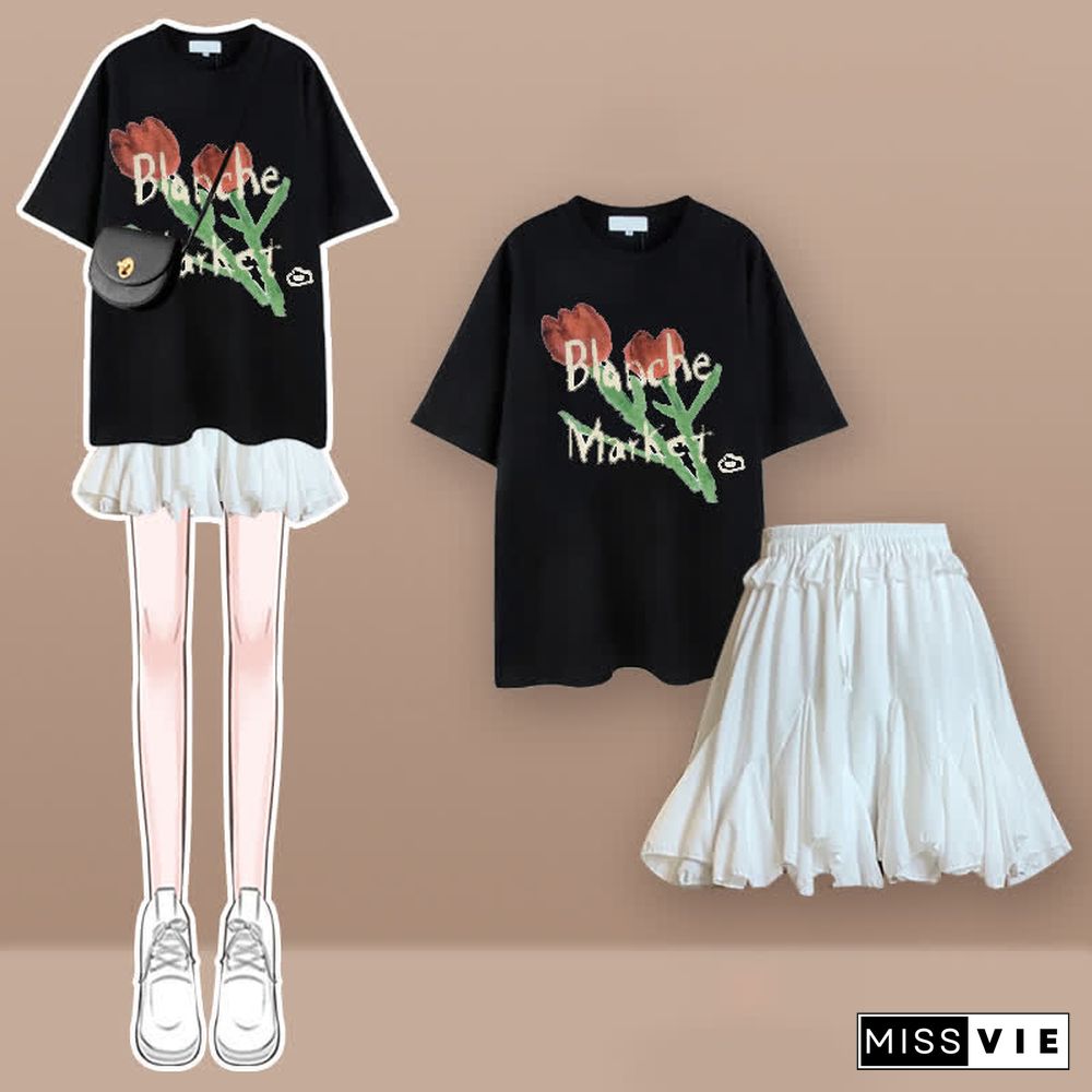 Tulip Cherry Blossom Print T-Shirt Pleated Skirt Two Pieces Set