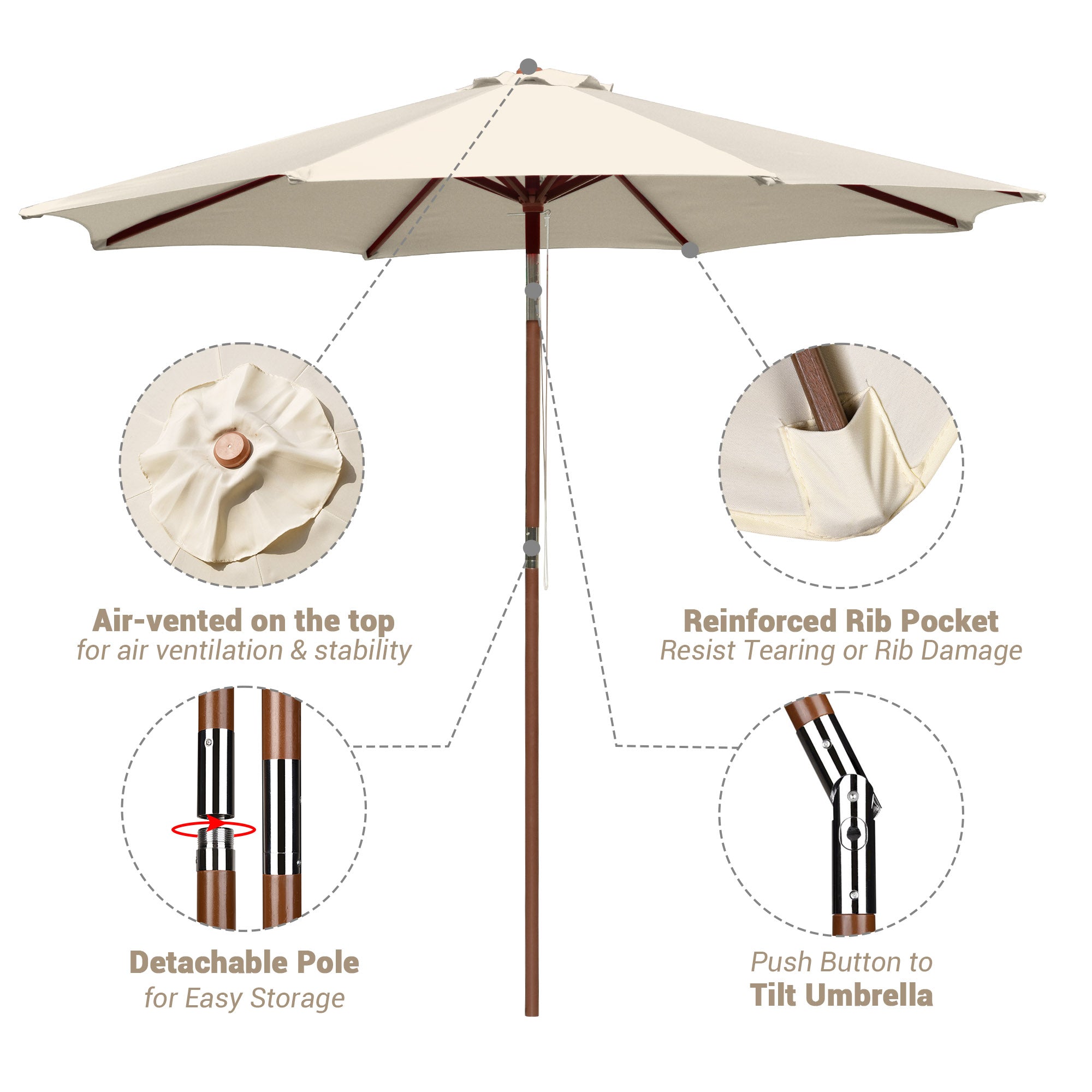 LAGarden 9 Ft Wooden Patio Umbrella 8 Ribs Easy Tilt Table Parasol Outdoor Backyard Pool