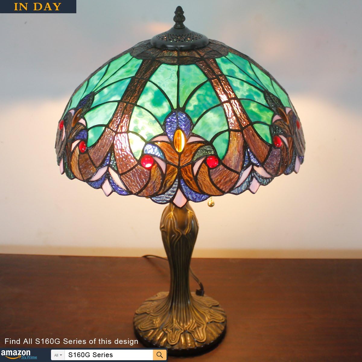 GEDUBIUBOO Tiffany Style Lamp Green Liaison Stained Glass Bedside Table Lamp 16X16X24 Inches Desk Light Metal Base Decor Bedroom Living Room  Office S160G Series Teal Purple