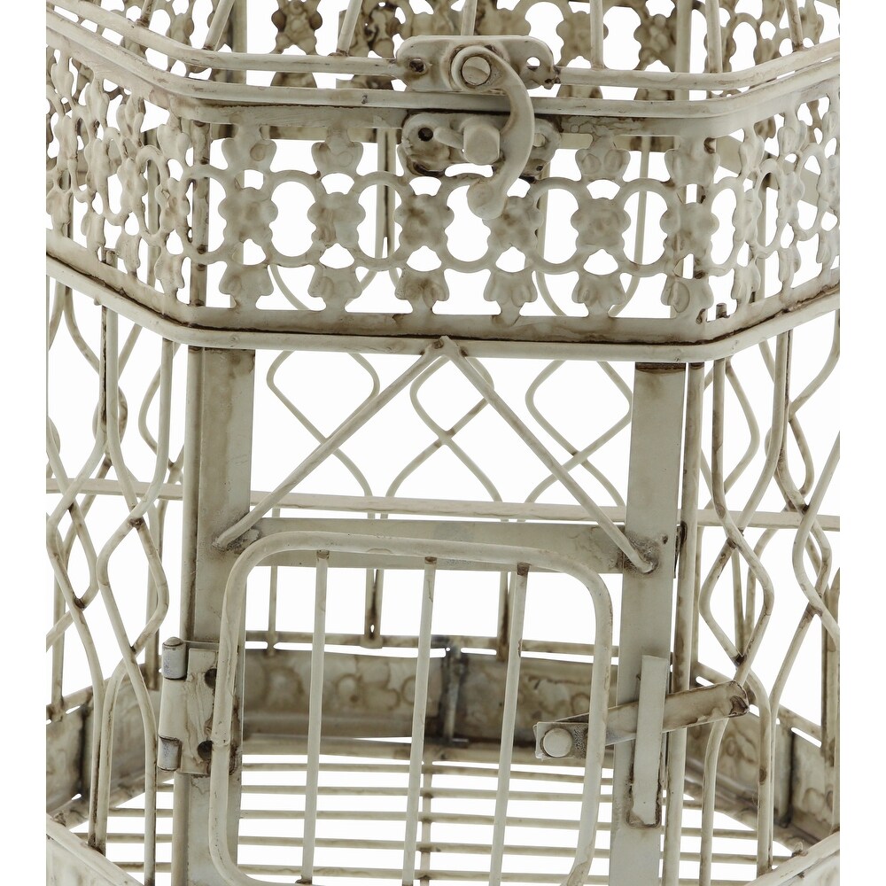 Cream Metal Vintage Birdcage with Latch Lock Closure and Hanging Hook (Set of 2)   10 x 10 x 21