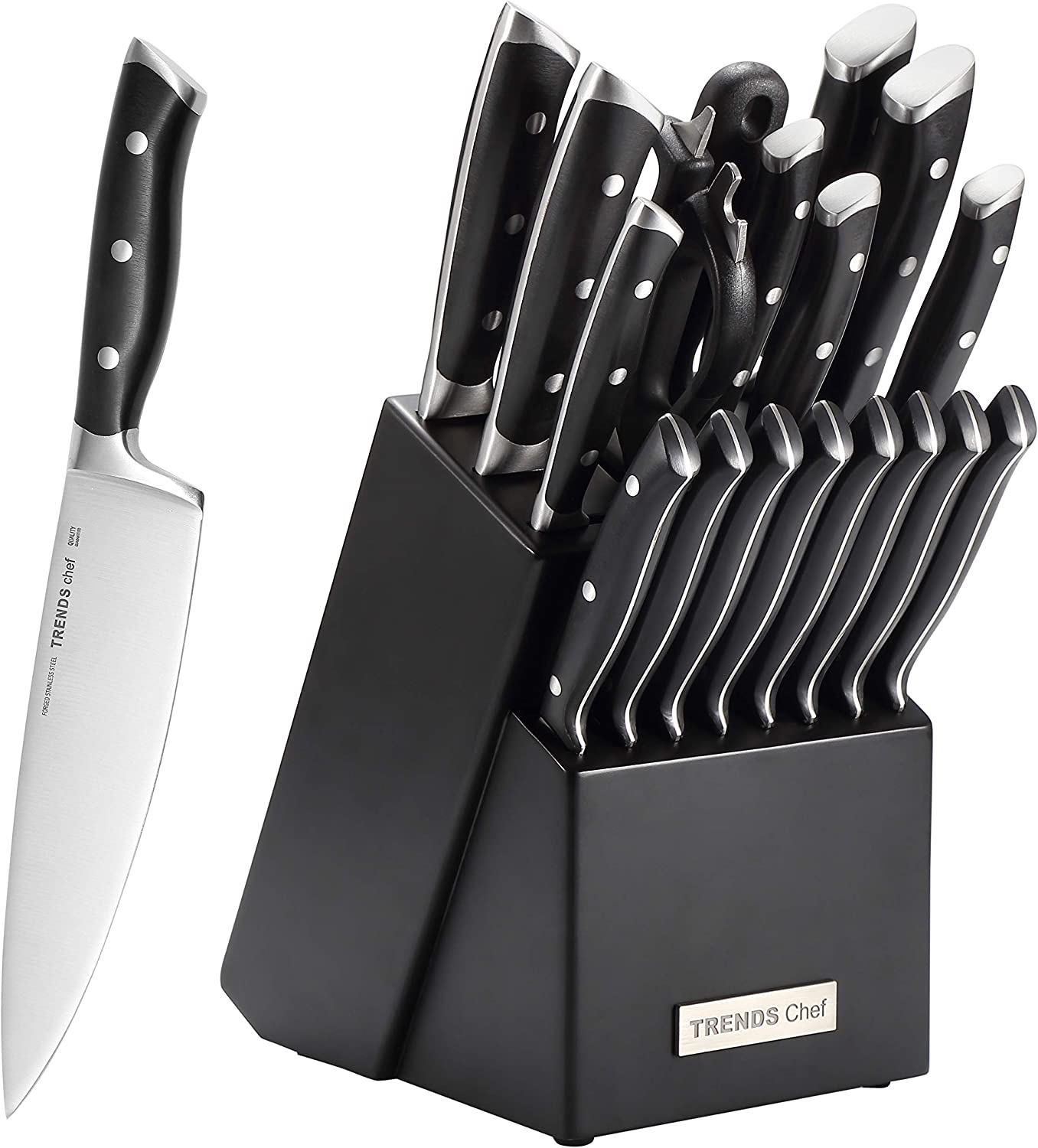 TRENDS Chef 19 Pc Premium German Steel #1.4116 Kitchen Knife Block Set. Triple Rivet， This set of Knives is a super sharp knife set for the kitchen， 16 Knives， Sharpener， Block， and kitchen shears.