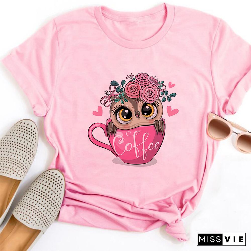 Gothic Women Cute Owl Printed T-Shirt All Seasons Fashion Thin Short Sleeve Tees Harajuku Casual Pink Top Female Clothing Tshirt