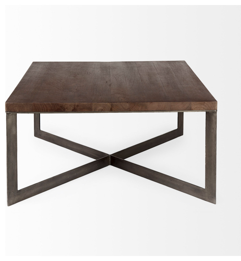 Faye Medium Brown Wood With Antique Nickel Metal Base Square Coffee Table   Industrial   Coffee Tables   by Mercana  Houzz