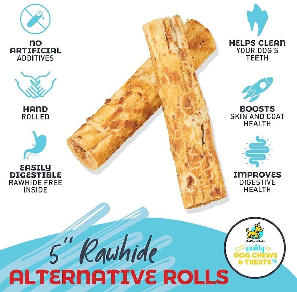 HOTSPOT PETS Rawhide Alternative Chicken Flavored Collagen Rolls Dog Chew Treats， 5-in