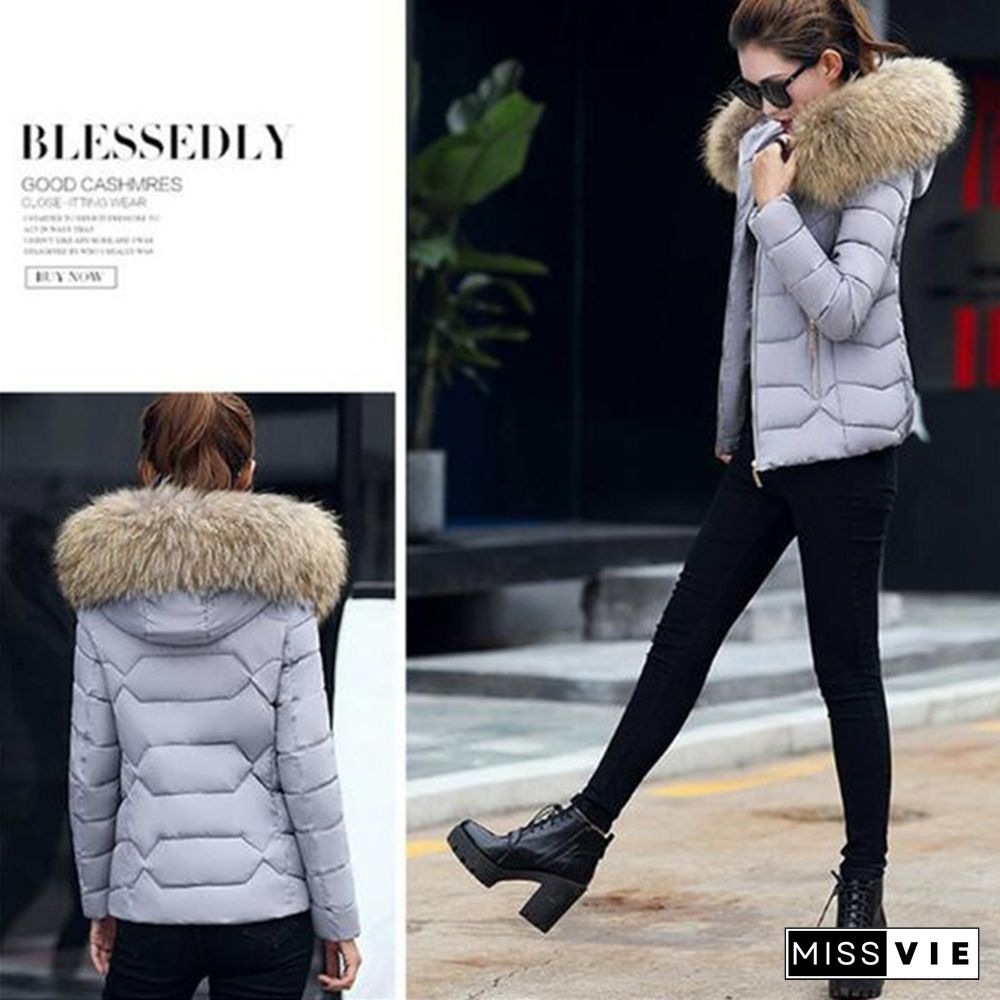 Autumn Winter New Fashion Women Short Coat Cotton-Padded Jacket Large Size Hooded Jacket Warm Cotton Female Fur Collar Hoody Parka Xs-Xxxl