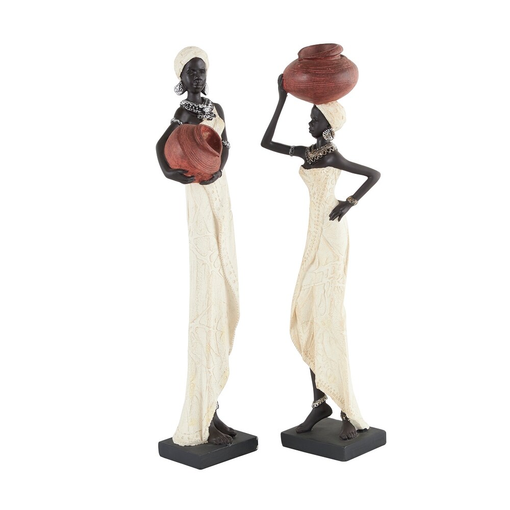 Cream Polystone Standing African Woman Sculpture with Red Water Pots and Black Base (Set of 2)   2 ASST 16\