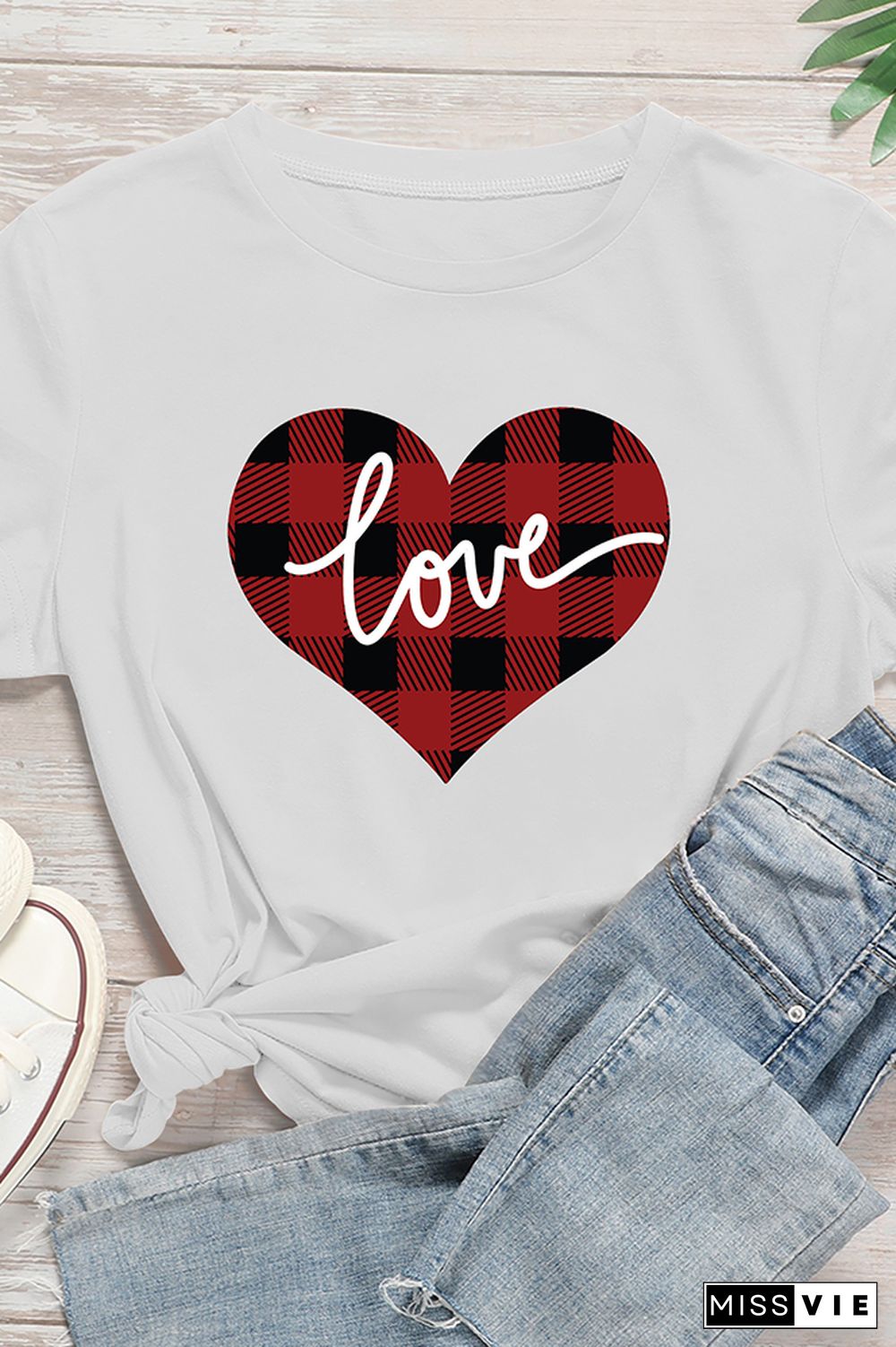 VALENTINE'S DAY Plaid Heart Graphic Tee Short Sleeve T shirts Top Wholesale