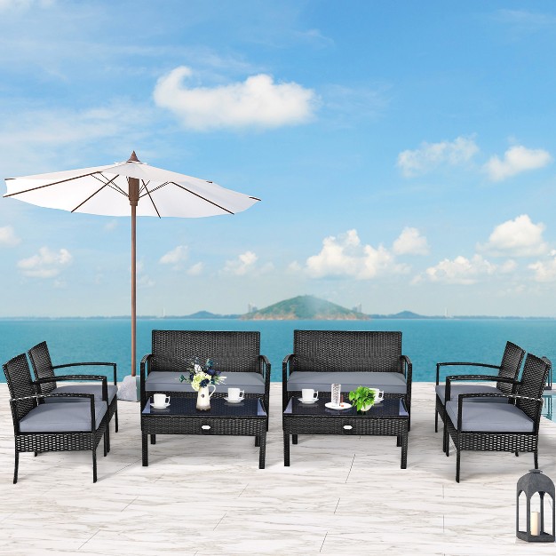 Tangkula 8pcs Rattan Wicker Outdoor Patio Cushioned Sofa Coffee Table Furniture Set