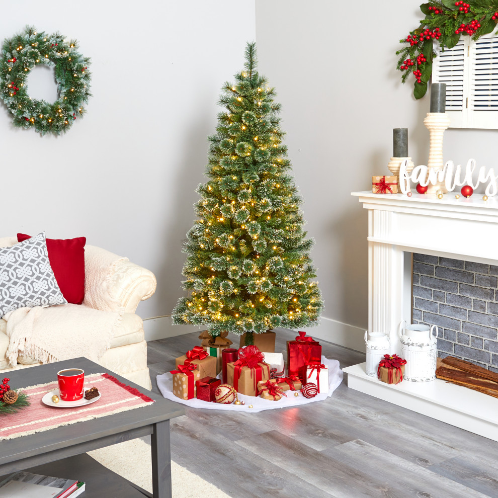 6  x27Wisconsin Slim Snow Tip Pine Faux Christmas Tree With 300 Clear LED Lights   Modern   Christmas Trees   by Nearly Natural  Inc.  Houzz