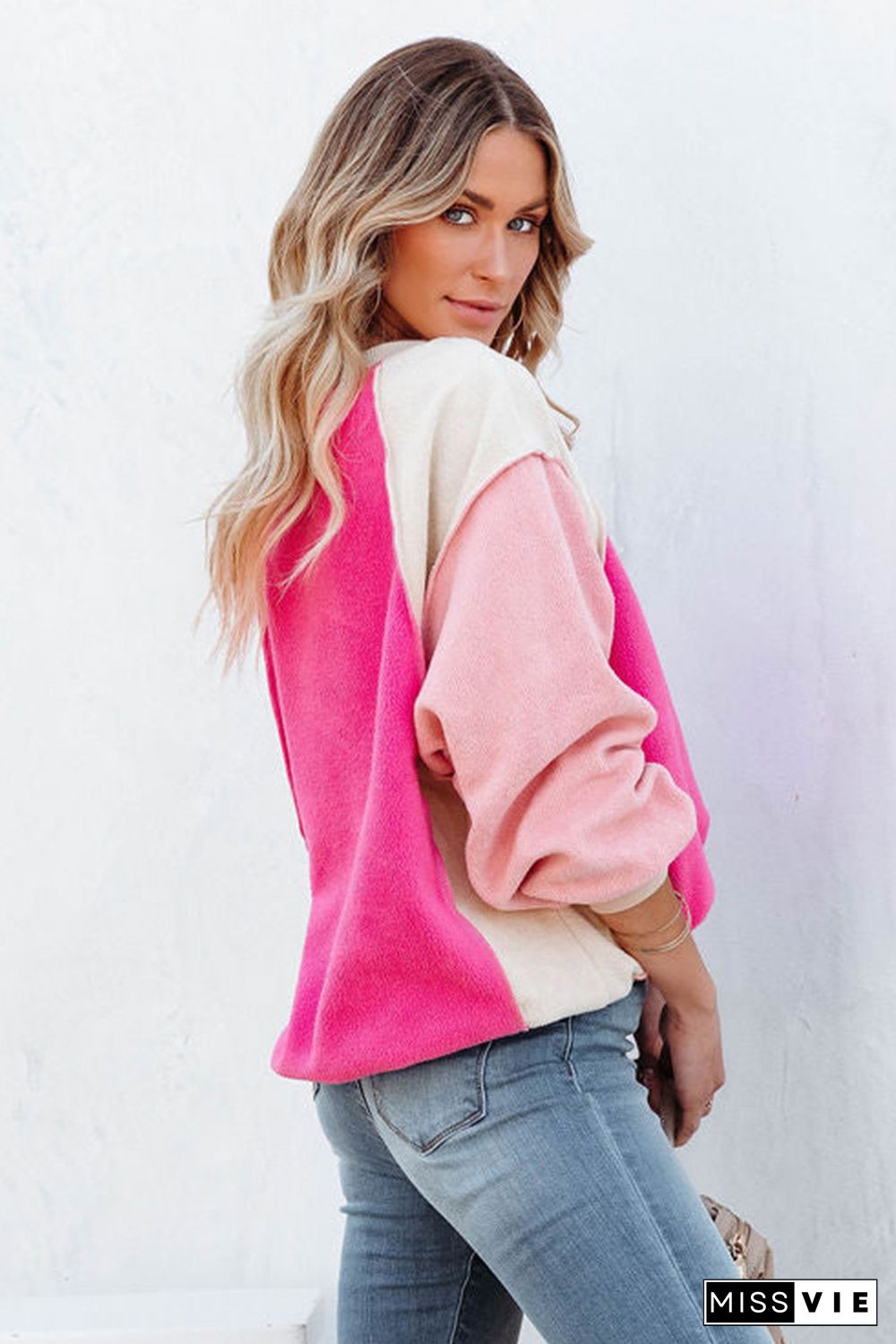 Rose Colorblock Long Sleeve Pullover Fleece Sweatshirt