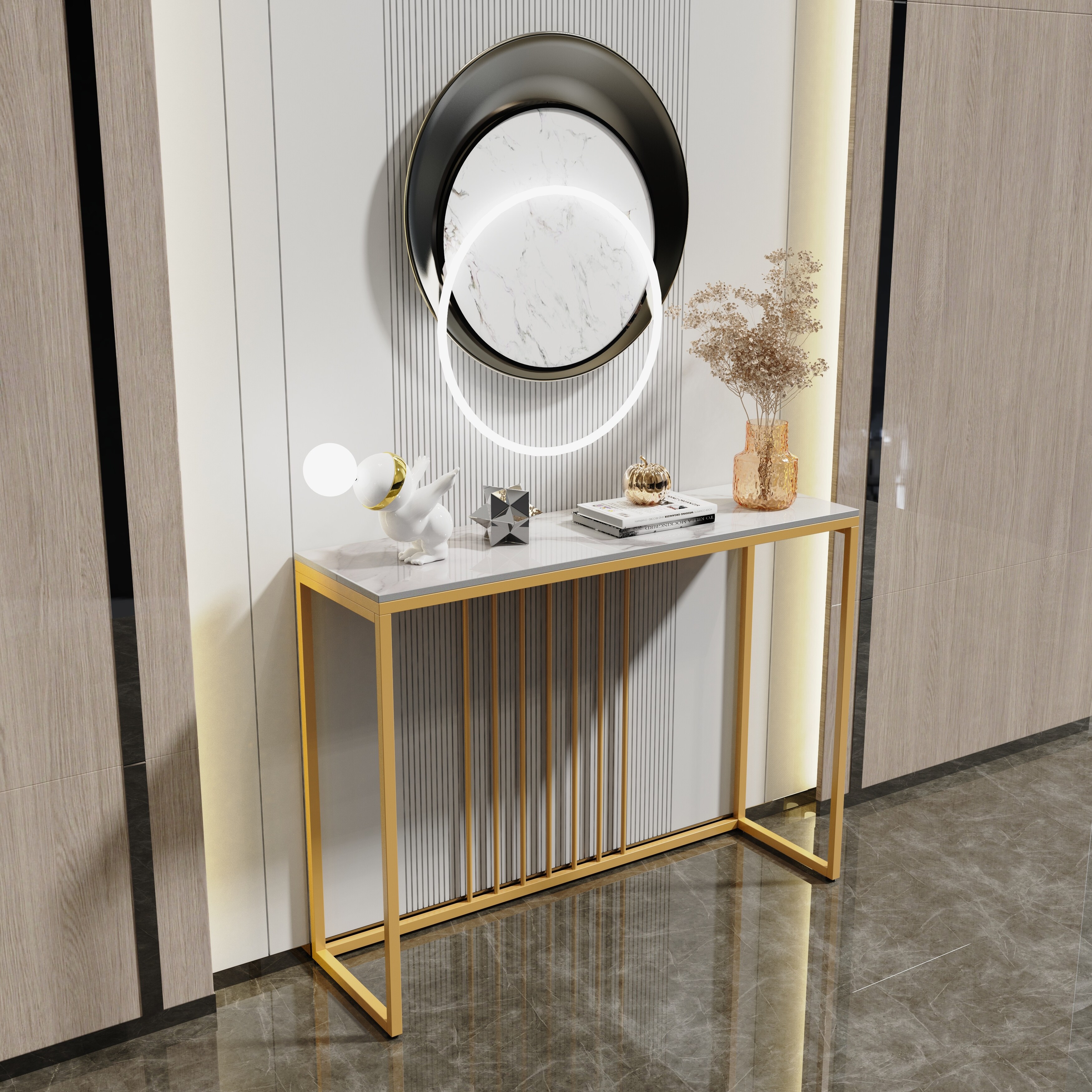 Sintered Stone Marble Skinny Console Table Gold Metal Frame Accent - 39.4x11.8x30.9in