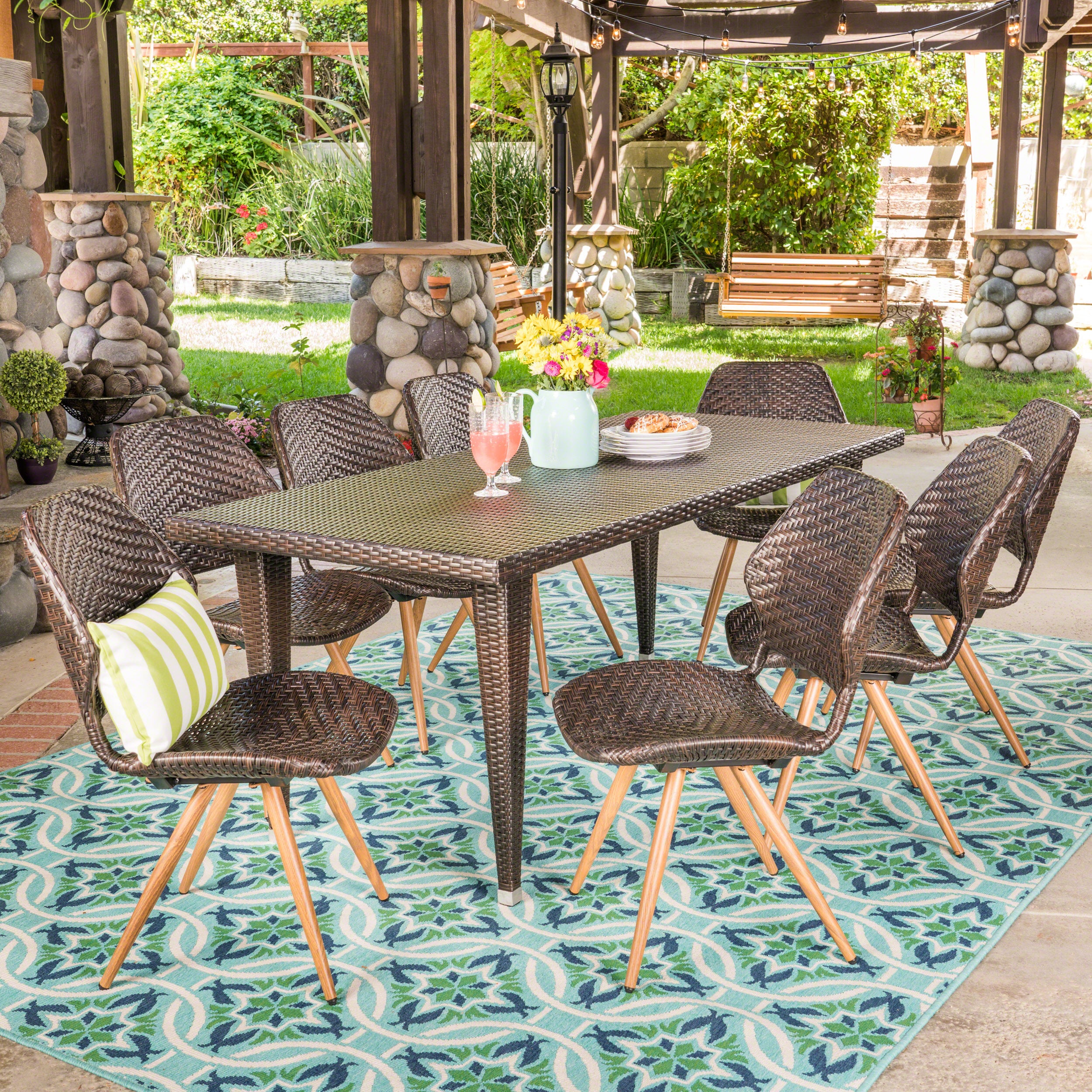 Jihan Outdoor 7 Piece Wicker Dining Set, Multibrown